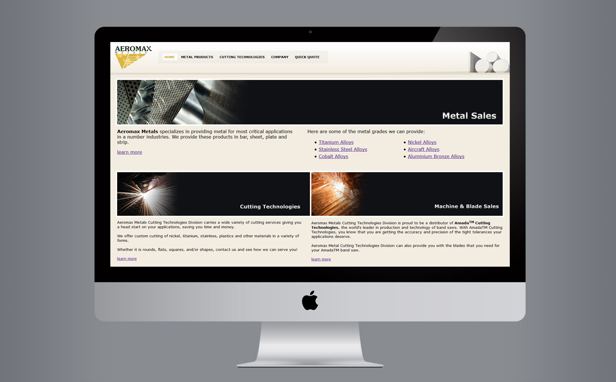  screenshot of the homepage of the Aeromax Metals company