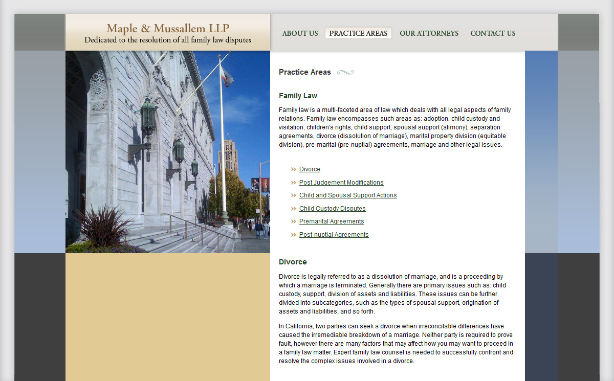 first screenshot of the internal page of the Maple & Mussallem lawyers website